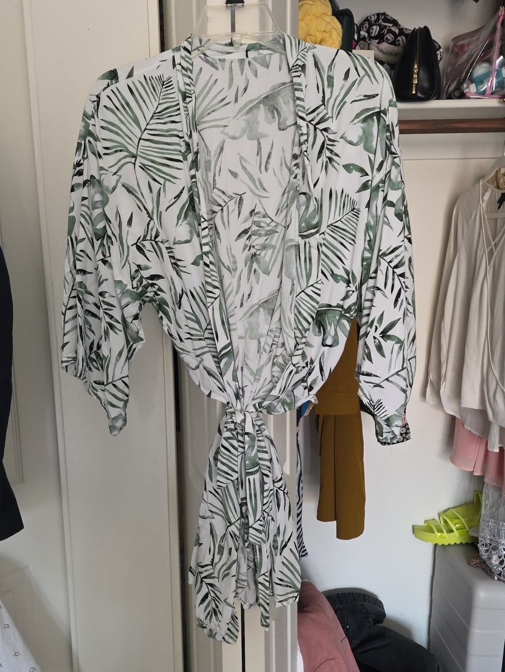 Tropical Leaf Print Tie-Front Kimono Jacket - Green/White